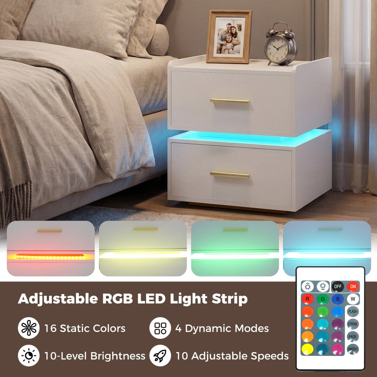 Nightstand with Charging Station LED Bedside Table with 2 Storage Drawers-White view 6