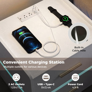Nightstand with Charging Station LED Bedside Table with 2 Storage Drawers-White view 7