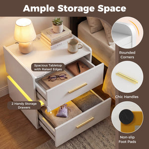 Nightstand with Charging Station LED Bedside Table with 2 Storage Drawers-White view 8