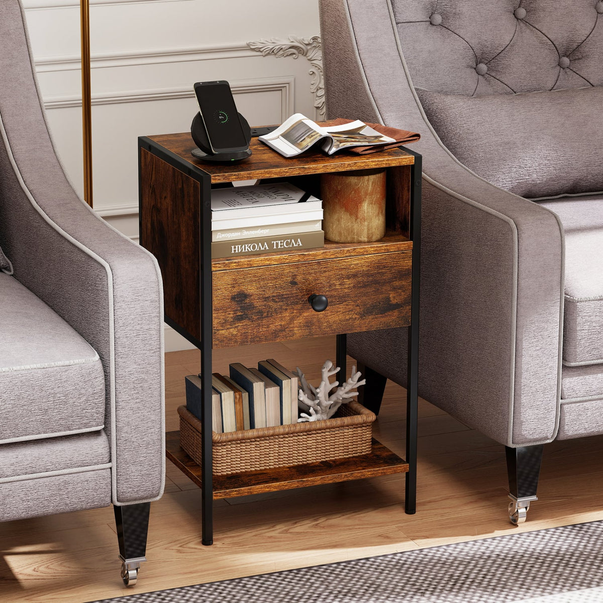 Nightstand with Charging Station Bedside Table with USB Ports and Outlets-Rustic Brown view 2