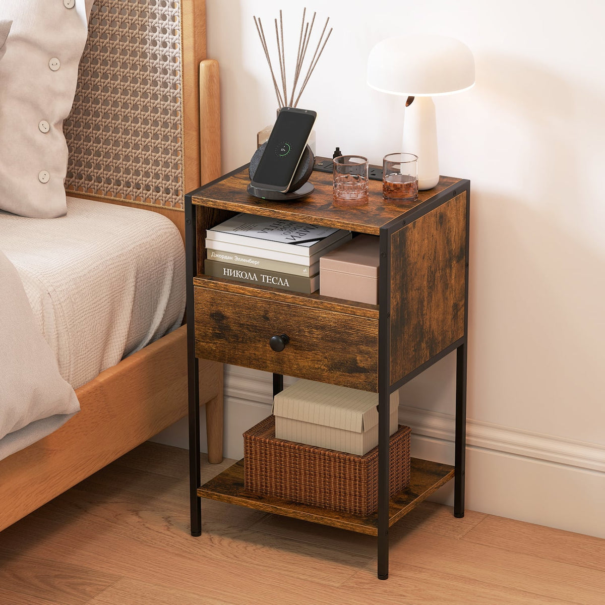 Nightstand with Charging Station Bedside Table with USB Ports and Outlets-Rustic Brown view 3