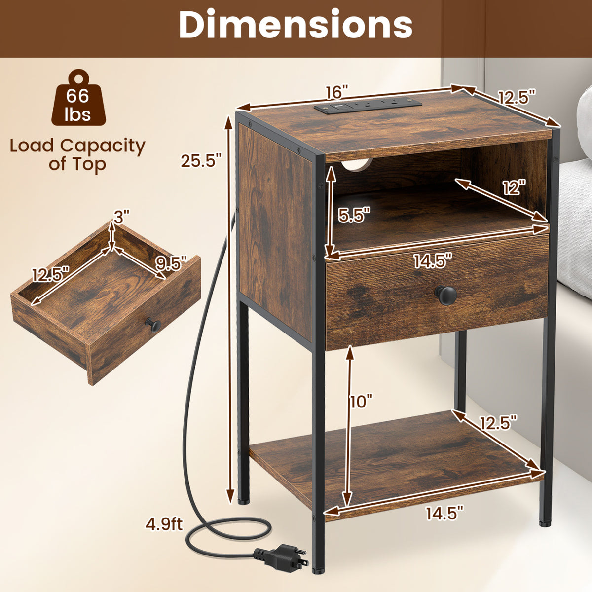 Nightstand with Charging Station Bedside Table with USB Ports and Outlets-Rustic Brown view 5