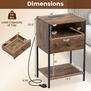 Nightstand with Charging Station Bedside Table with USB Ports and Outlets-Rustic Brown view 5