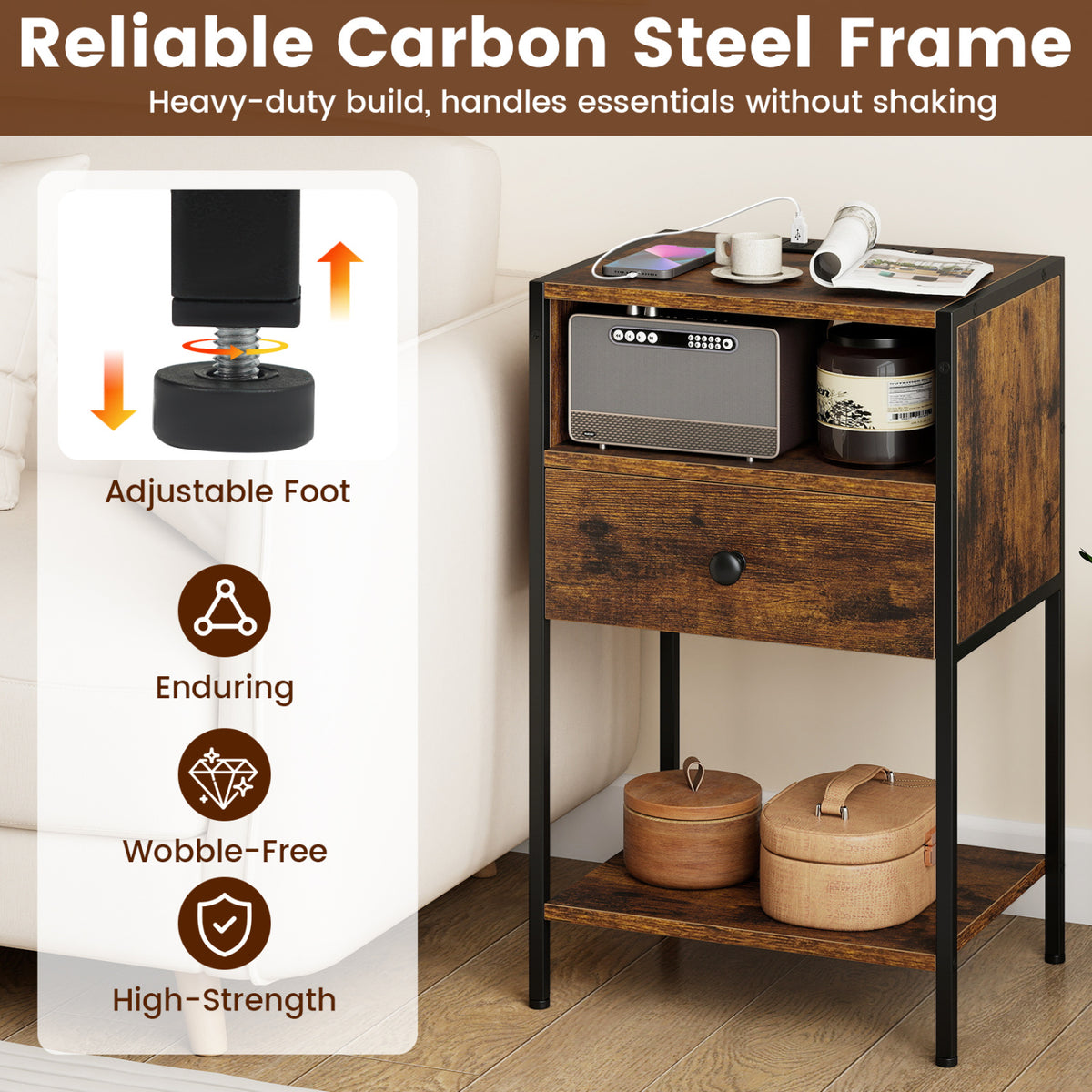 Nightstand with Charging Station Bedside Table with USB Ports and Outlets-Rustic Brown view 9