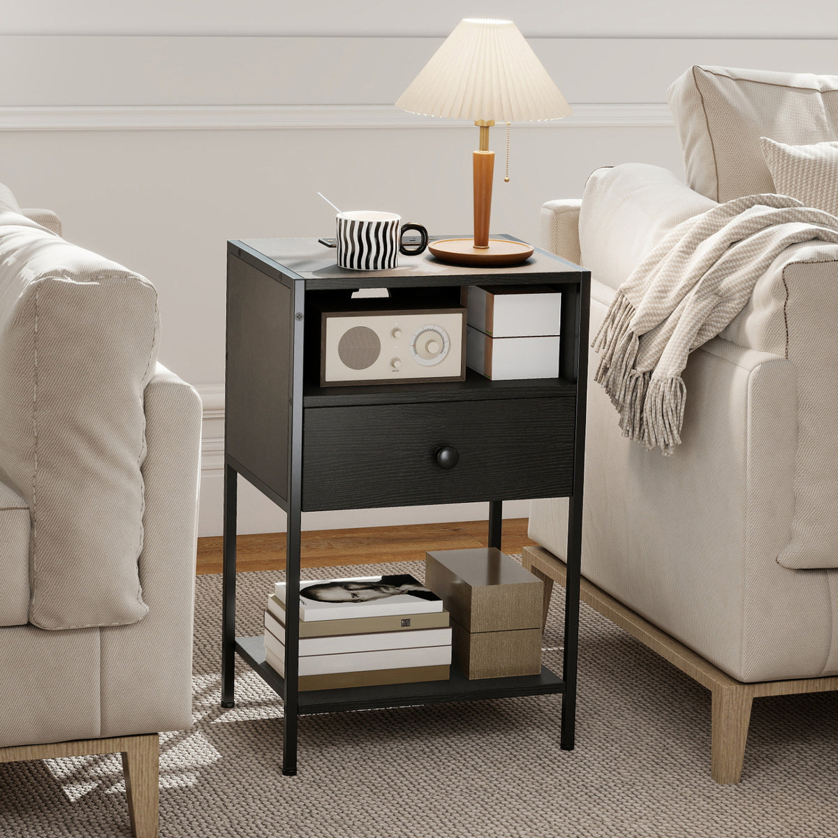 Nightstand with Charging Station Bedside Table with USB Ports and Outlets-Black view 2