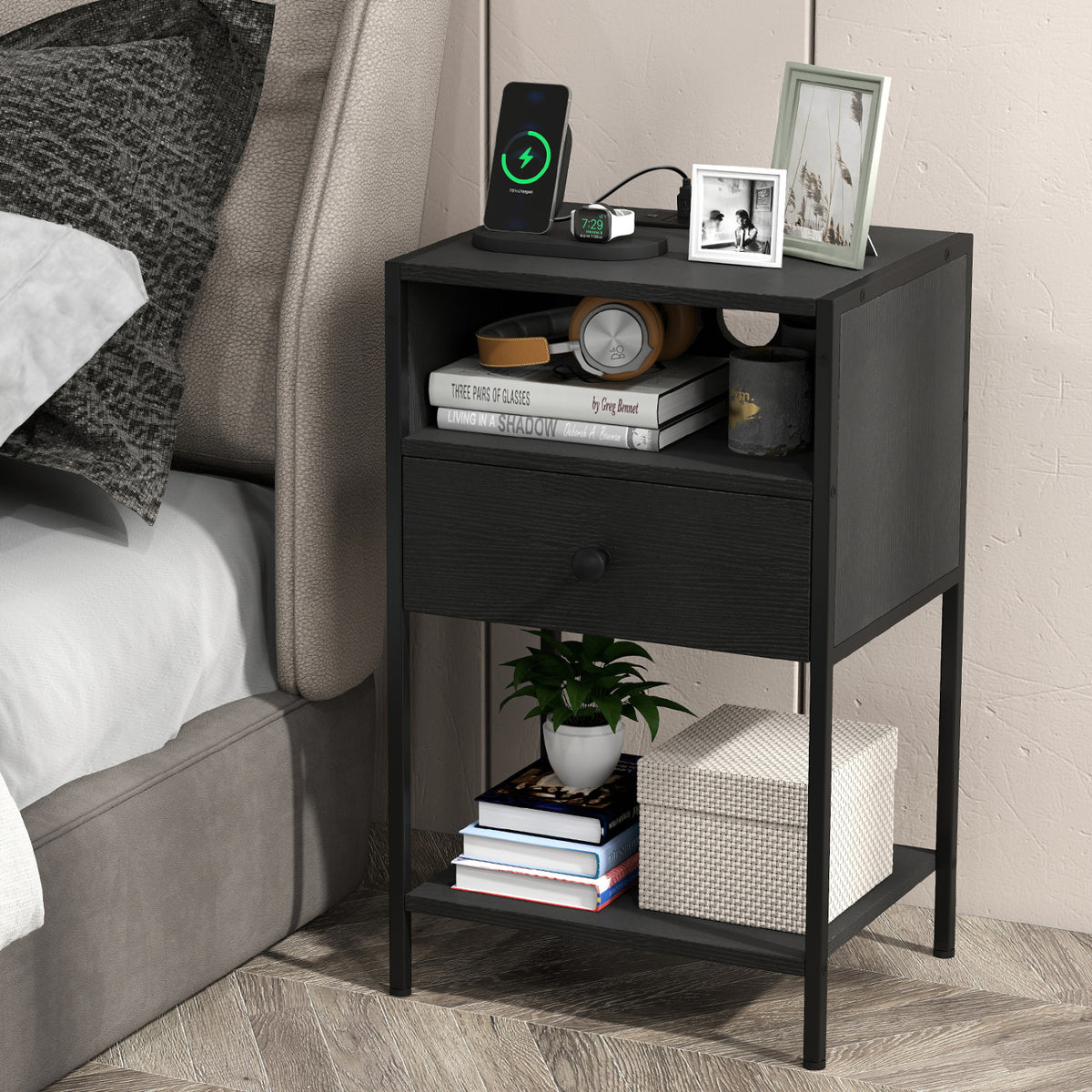 Nightstand with Charging Station Bedside Table with USB Ports and Outlets-Black view 3