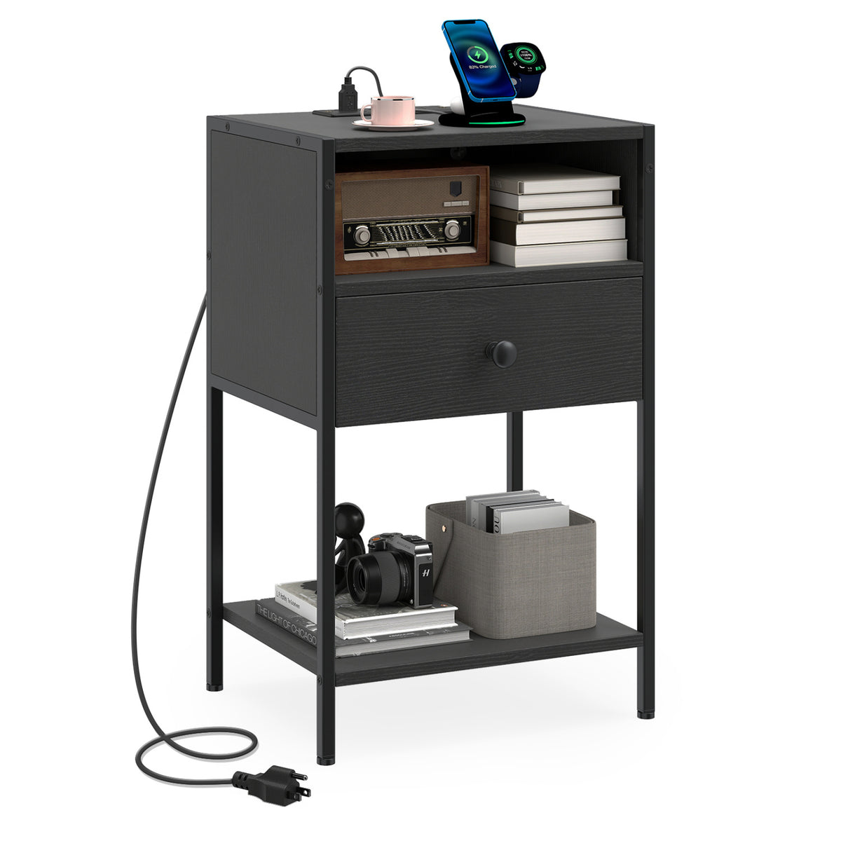 Nightstand with Charging Station Bedside Table with USB Ports and Outlets-Black