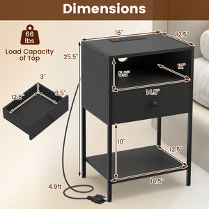 Nightstand with Charging Station Bedside Table with USB Ports and Outlets-Black view 5