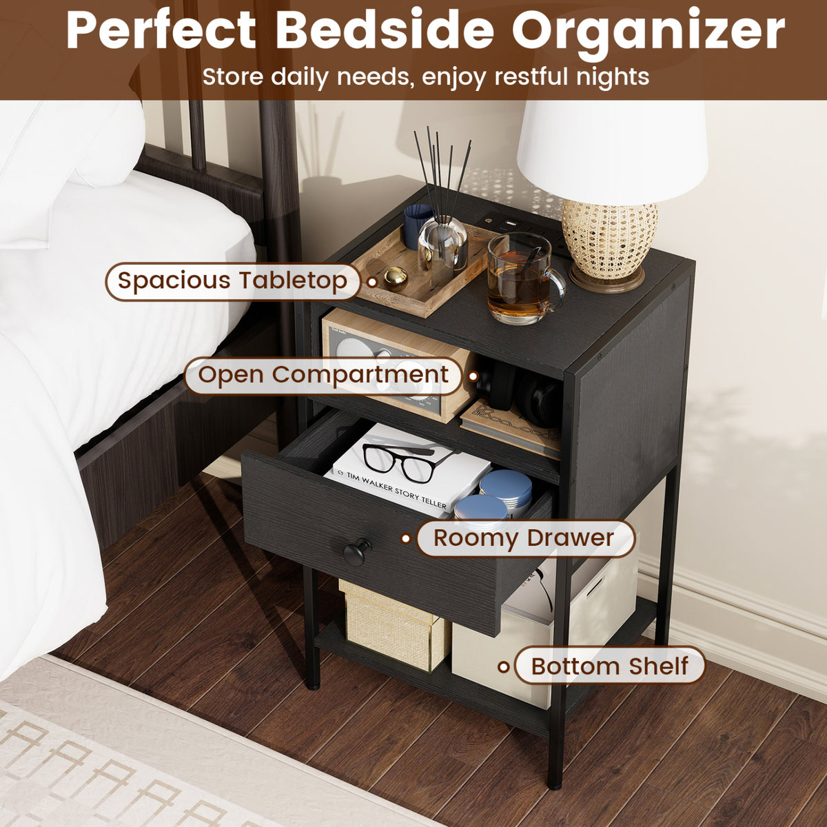 Nightstand with Charging Station Bedside Table with USB Ports and Outlets-Black view 8