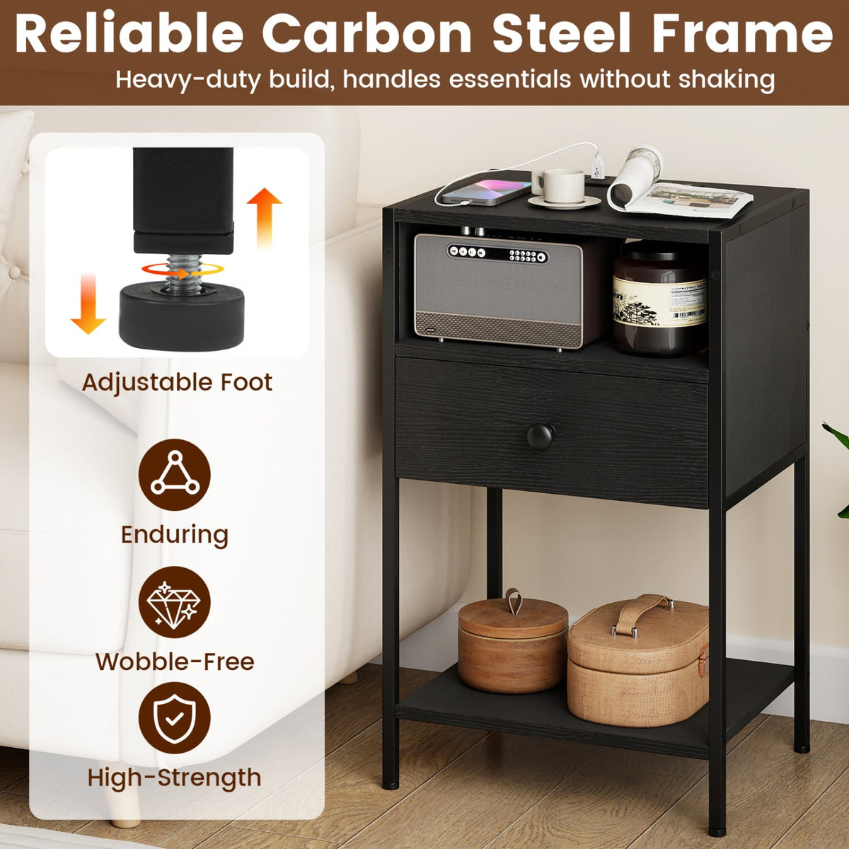 Nightstand with Charging Station Bedside Table with USB Ports and Outlets-Black view 9
