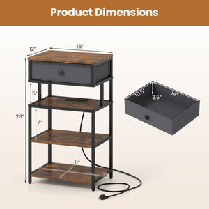 Nightstand with Charging Station 28 Inch Tall Bedside Table with Fabric Drawer-Rustic Brown view 5