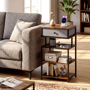 Nightstand with Charging Station 28 Inch Tall Bedside Table with Fabric Drawer-Rustic Brown view 2