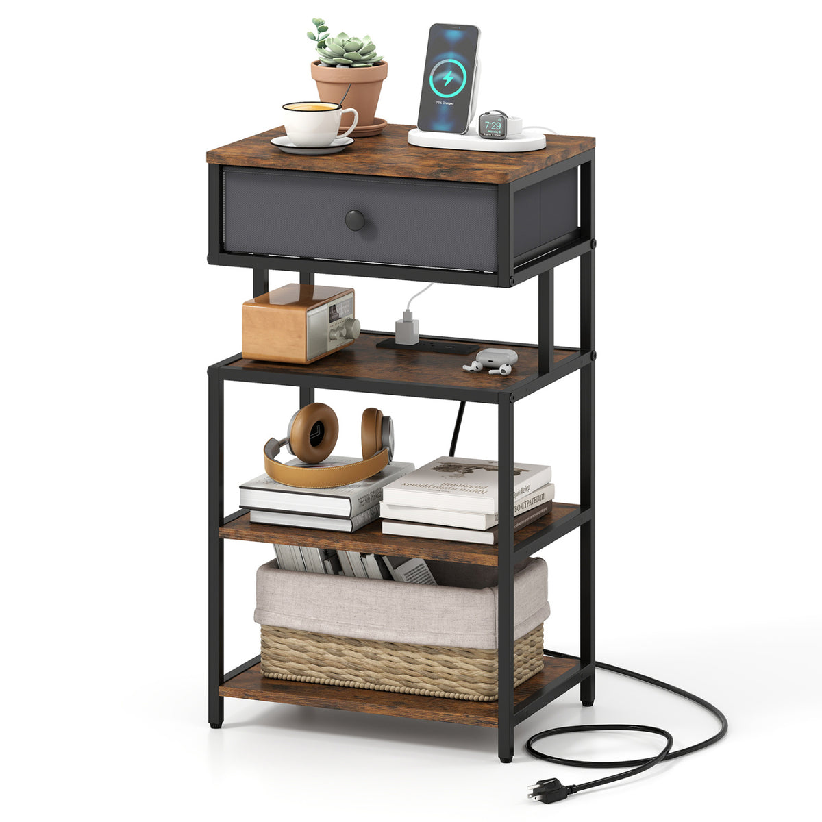 Nightstand with Charging Station 28 Inch Tall Bedside Table with Fabric Drawer-Rustic Brown