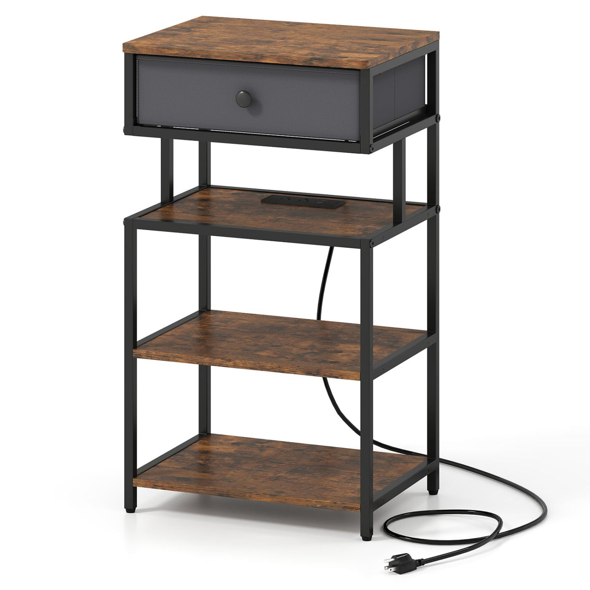 Nightstand with Charging Station 28 Inch Tall Bedside Table with Fabric Drawer-Rustic Brown view 4
