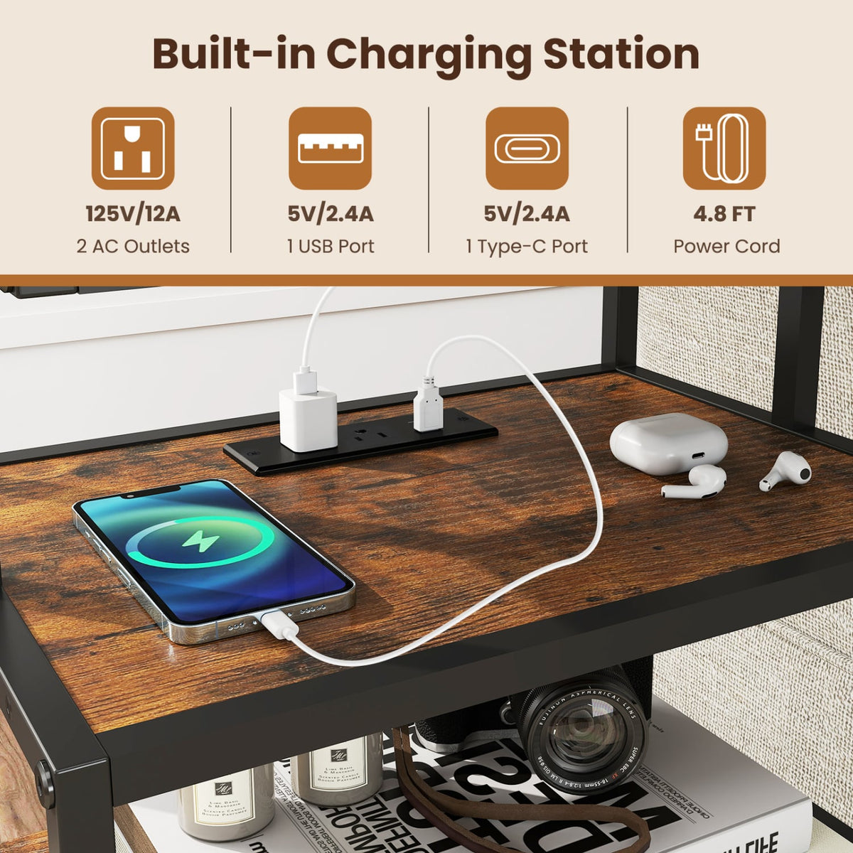 Nightstand with Charging Station 28 Inch Tall Bedside Table with Fabric Drawer-Rustic Brown view 7