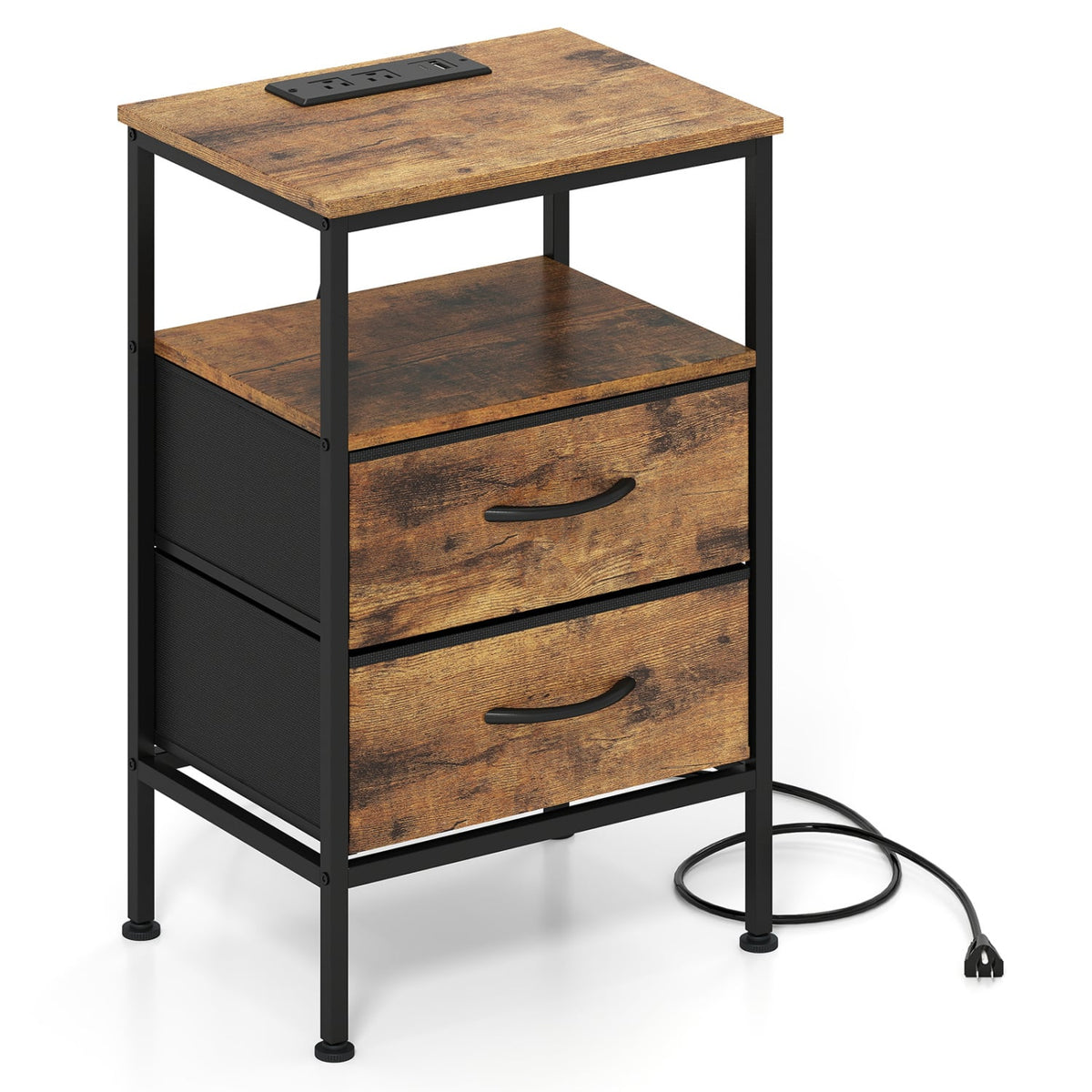 Nightstand with Charging Station 24.5 inch Modern Bedside Table with 2 Fabric Drawers-Rustic Brown view 4