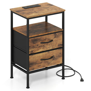 Nightstand with Charging Station 24.5 inch Modern Bedside Table with 2 Fabric Drawers-Rustic Brown view 4