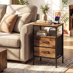 Nightstand with Charging Station 24.5 inch Modern Bedside Table with 2 Fabric Drawers-Rustic Brown view 2