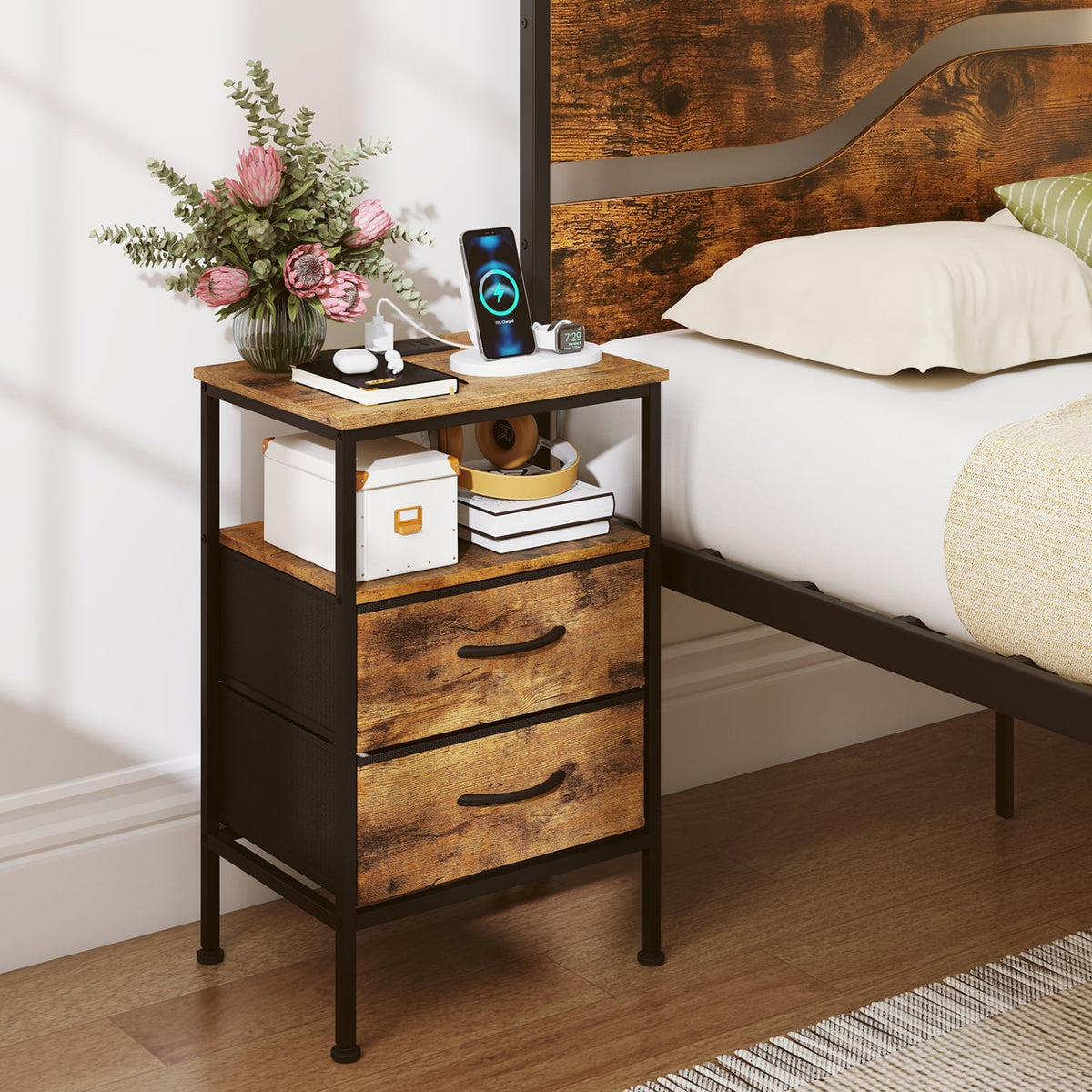 Nightstand with Charging Station 24.5 inch Modern Bedside Table with 2 Fabric Drawers-Rustic Brown view 3