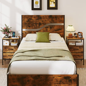 Nightstand with Charging Station 24.5 inch Modern Bedside Table with 2 Fabric Drawers-Rustic Brown view 6