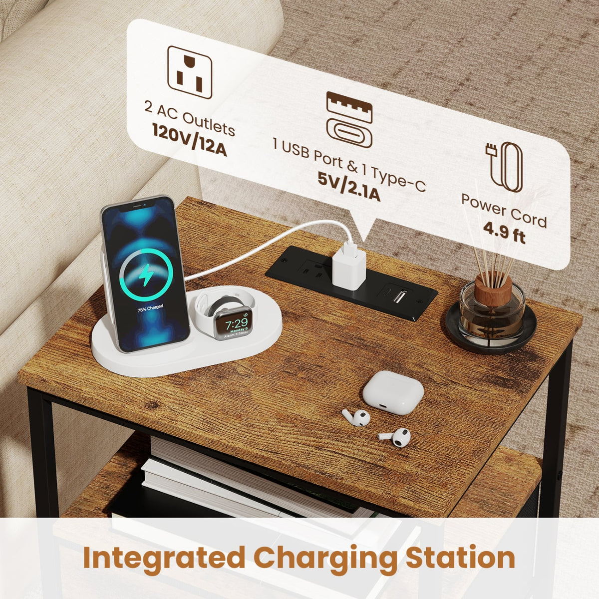 Nightstand with Charging Station 24.5 inch Modern Bedside Table with 2 Fabric Drawers-Rustic Brown view 7