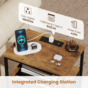 Nightstand with Charging Station 24.5 inch Modern Bedside Table with 2 Fabric Drawers-Rustic Brown view 7