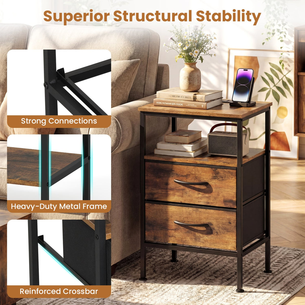 Nightstand with Charging Station 24.5 inch Modern Bedside Table with 2 Fabric Drawers-Rustic Brown view 8