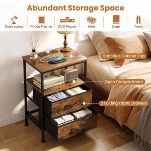 Nightstand with Charging Station 24.5 inch Modern Bedside Table with 2 Fabric Drawers-Rustic Brown view 9