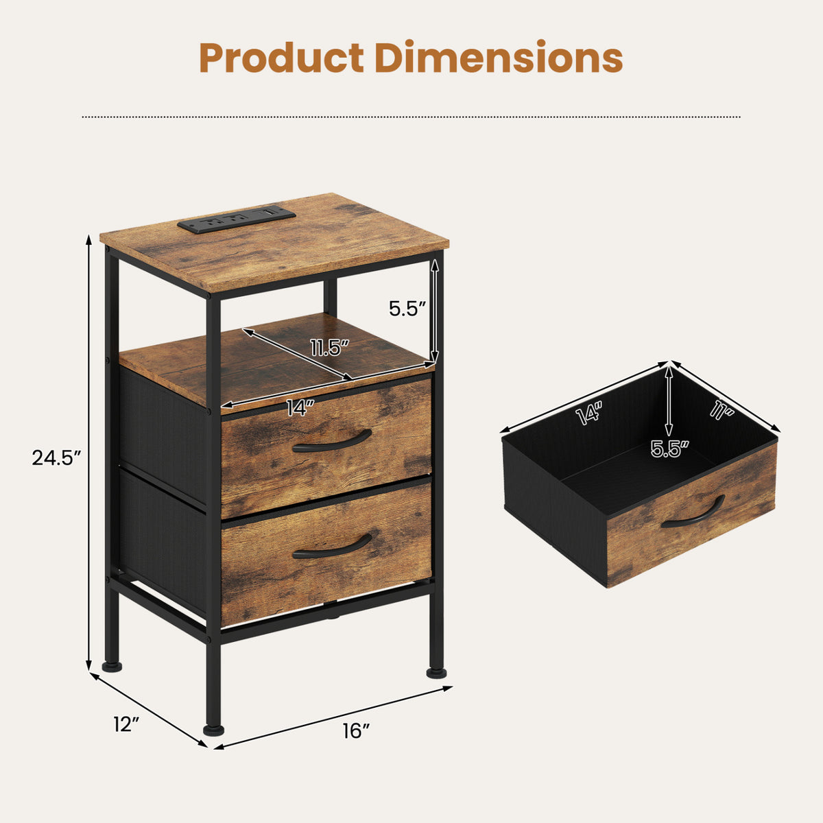 Nightstand with Charging Station 24.5 inch Modern Bedside Table with 2 Fabric Drawers-Rustic Brown view 5