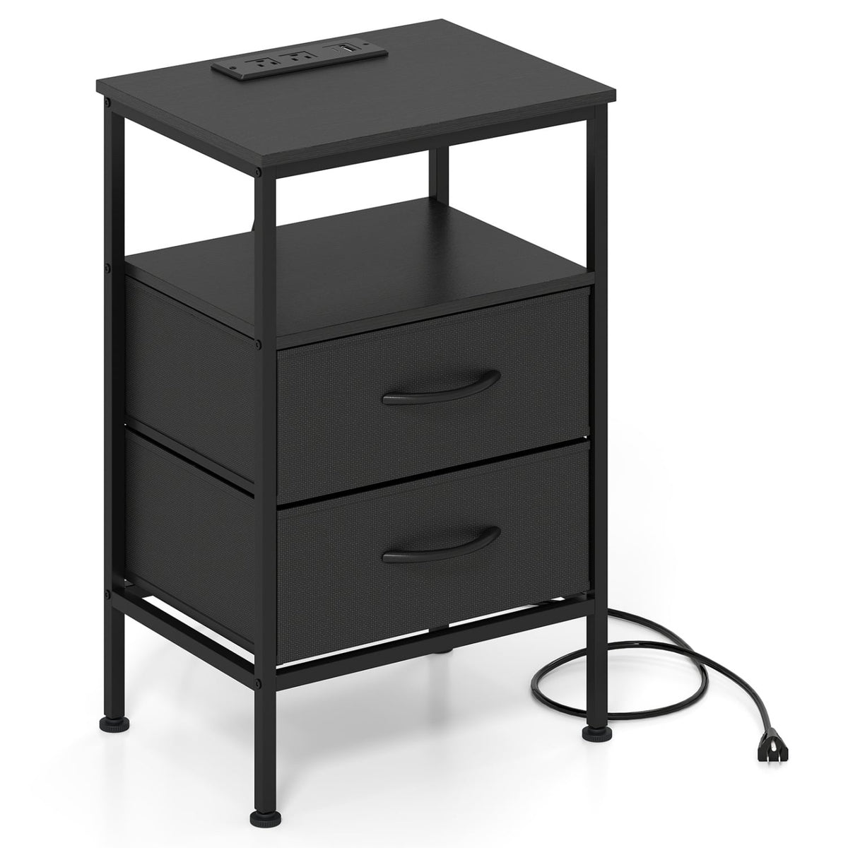 Nightstand with Charging Station 24.5 inch Modern Bedside Table with 2 Fabric Drawers-Black view 4