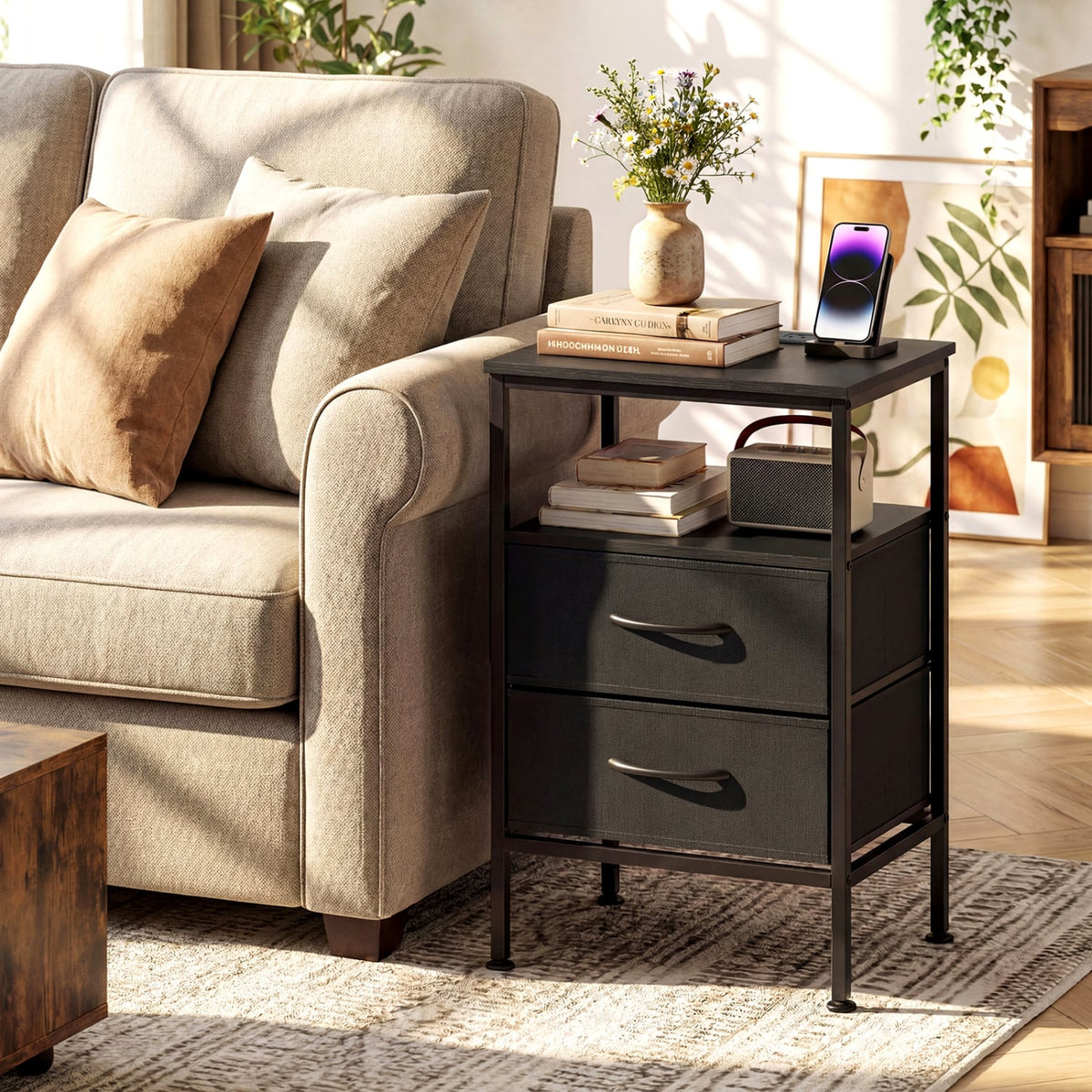 Nightstand with Charging Station 24.5 inch Modern Bedside Table with 2 Fabric Drawers-Black view 2