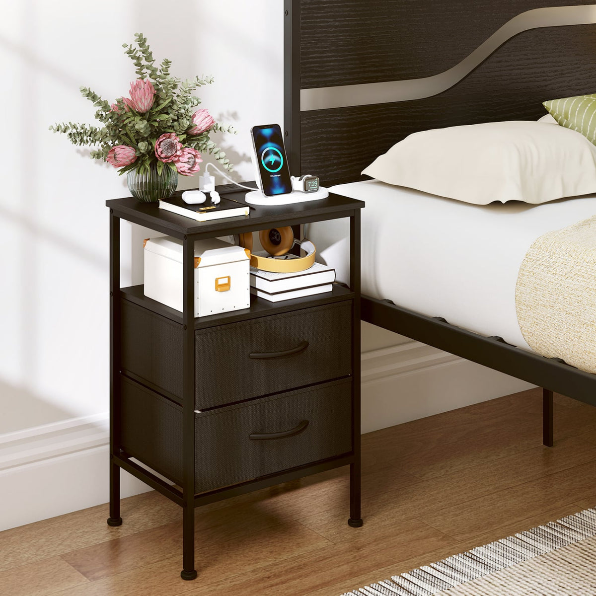 Nightstand with Charging Station 24.5 inch Modern Bedside Table with 2 Fabric Drawers-Black view 3
