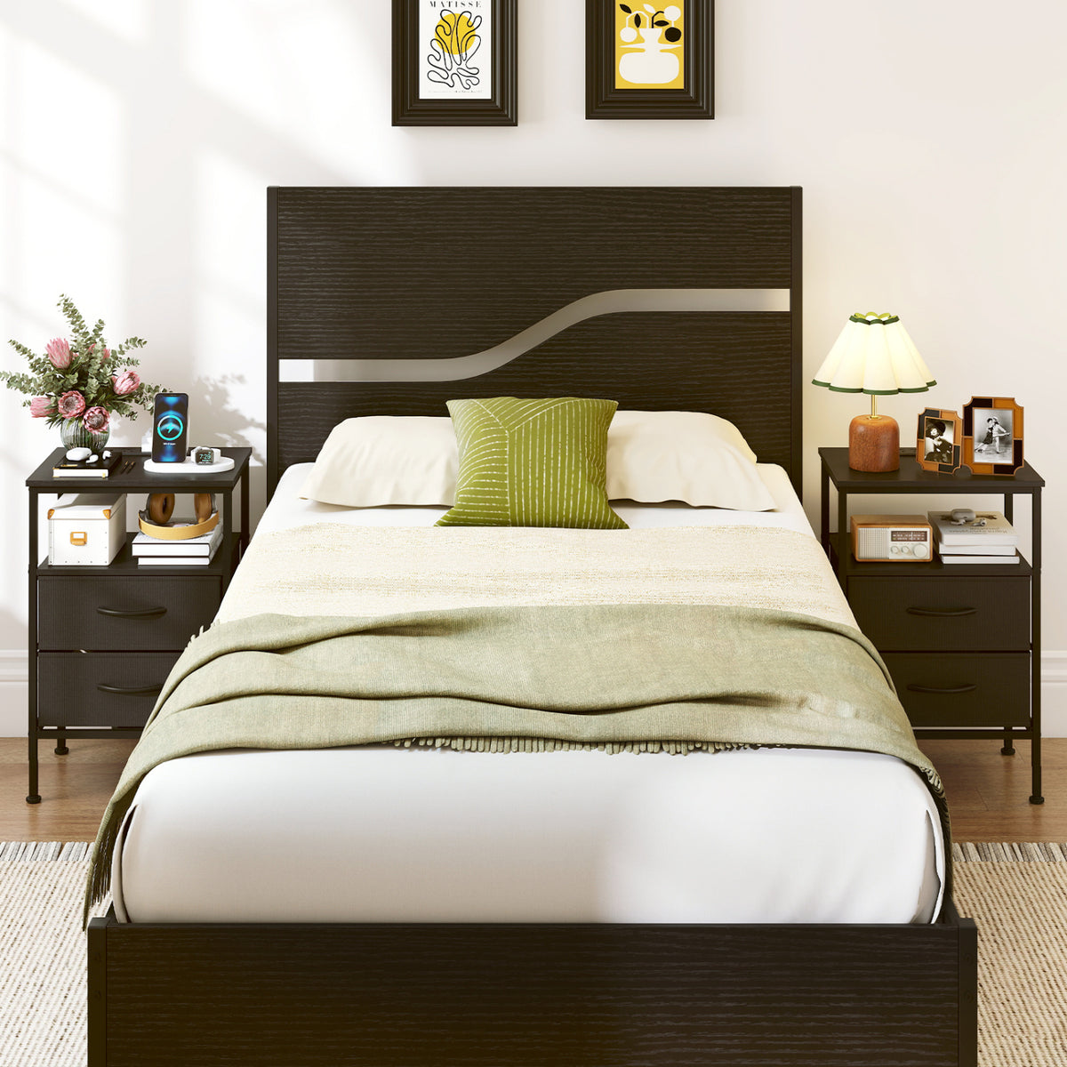 Nightstand with Charging Station 24.5 inch Modern Bedside Table with 2 Fabric Drawers-Black view 6