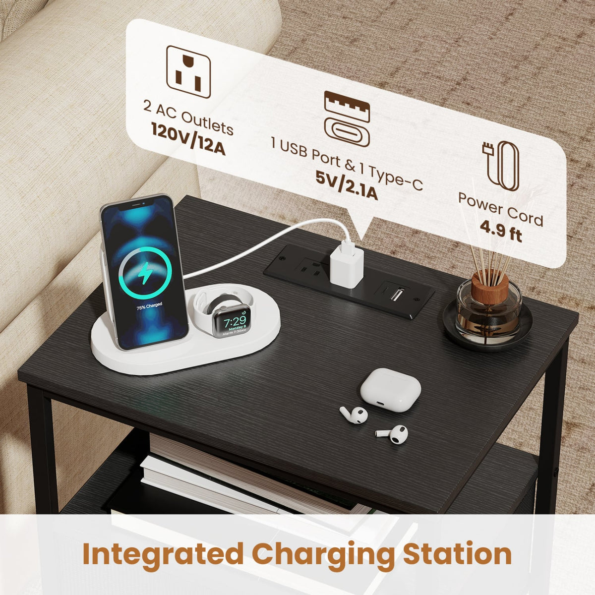 Nightstand with Charging Station 24.5 inch Modern Bedside Table with 2 Fabric Drawers-Black view 7