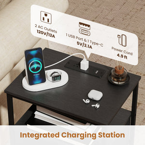 Nightstand with Charging Station 24.5 inch Modern Bedside Table with 2 Fabric Drawers-Black view 7