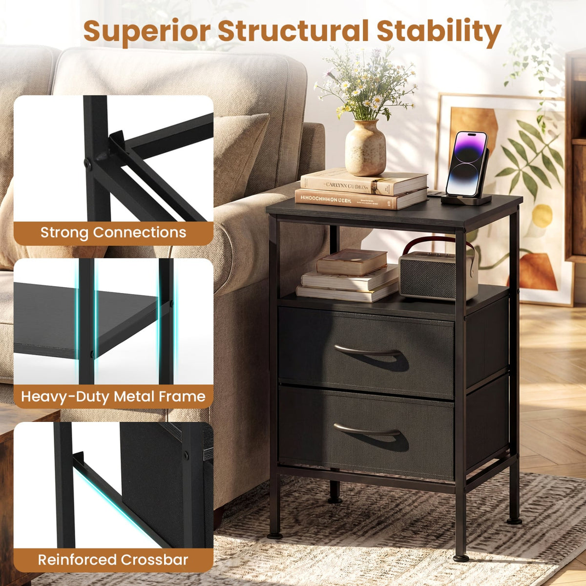 Nightstand with Charging Station 24.5 inch Modern Bedside Table with 2 Fabric Drawers-Black view 8