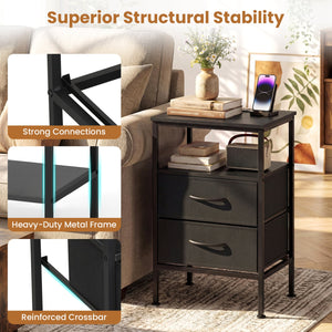 Nightstand with Charging Station 24.5 inch Modern Bedside Table with 2 Fabric Drawers-Black view 8