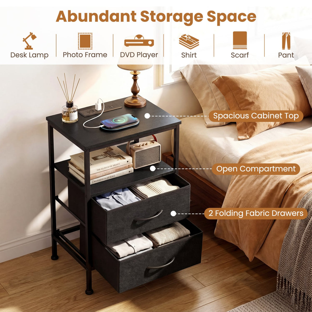 Nightstand with Charging Station 24.5 inch Modern Bedside Table with 2 Fabric Drawers-Black view 9