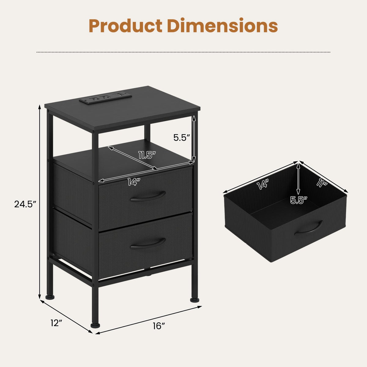 Nightstand with Charging Station 24.5 inch Modern Bedside Table with 2 Fabric Drawers-Black view 5