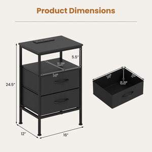 Nightstand with Charging Station 24.5 inch Modern Bedside Table with 2 Fabric Drawers-Black view 5