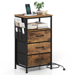 Nightstand with Charging Station 27.5 inch Modern Bedside Table with 3 Fabric Drawers-Rustic Brown view 4