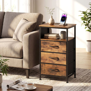 Nightstand with Charging Station 27.5 inch Modern Bedside Table with 3 Fabric Drawers-Rustic Brown view 2