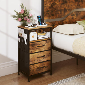 Nightstand with Charging Station 27.5 inch Modern Bedside Table with 3 Fabric Drawers-Rustic Brown view 3