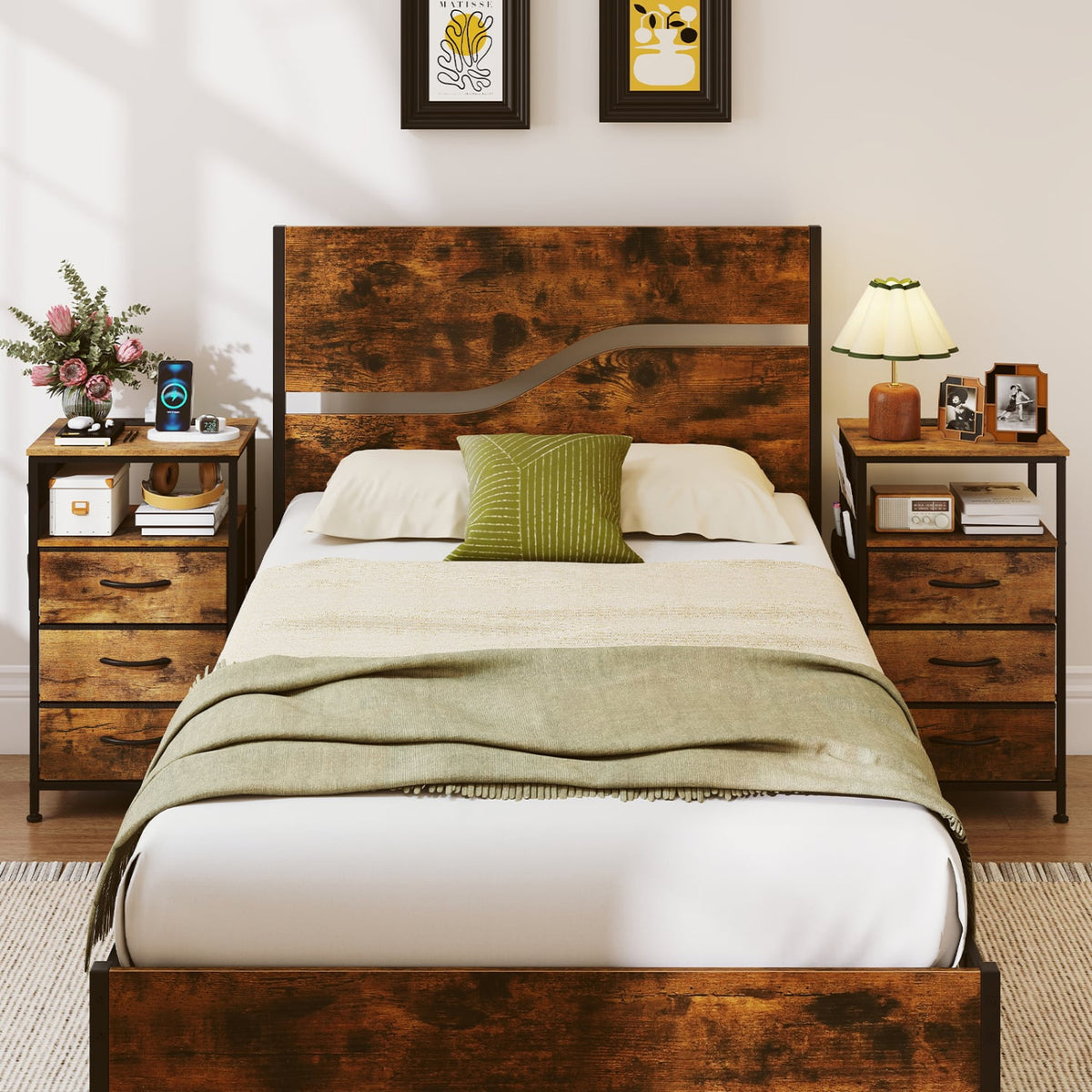 Nightstand with Charging Station 27.5 inch Modern Bedside Table with 3 Fabric Drawers-Rustic Brown view 6