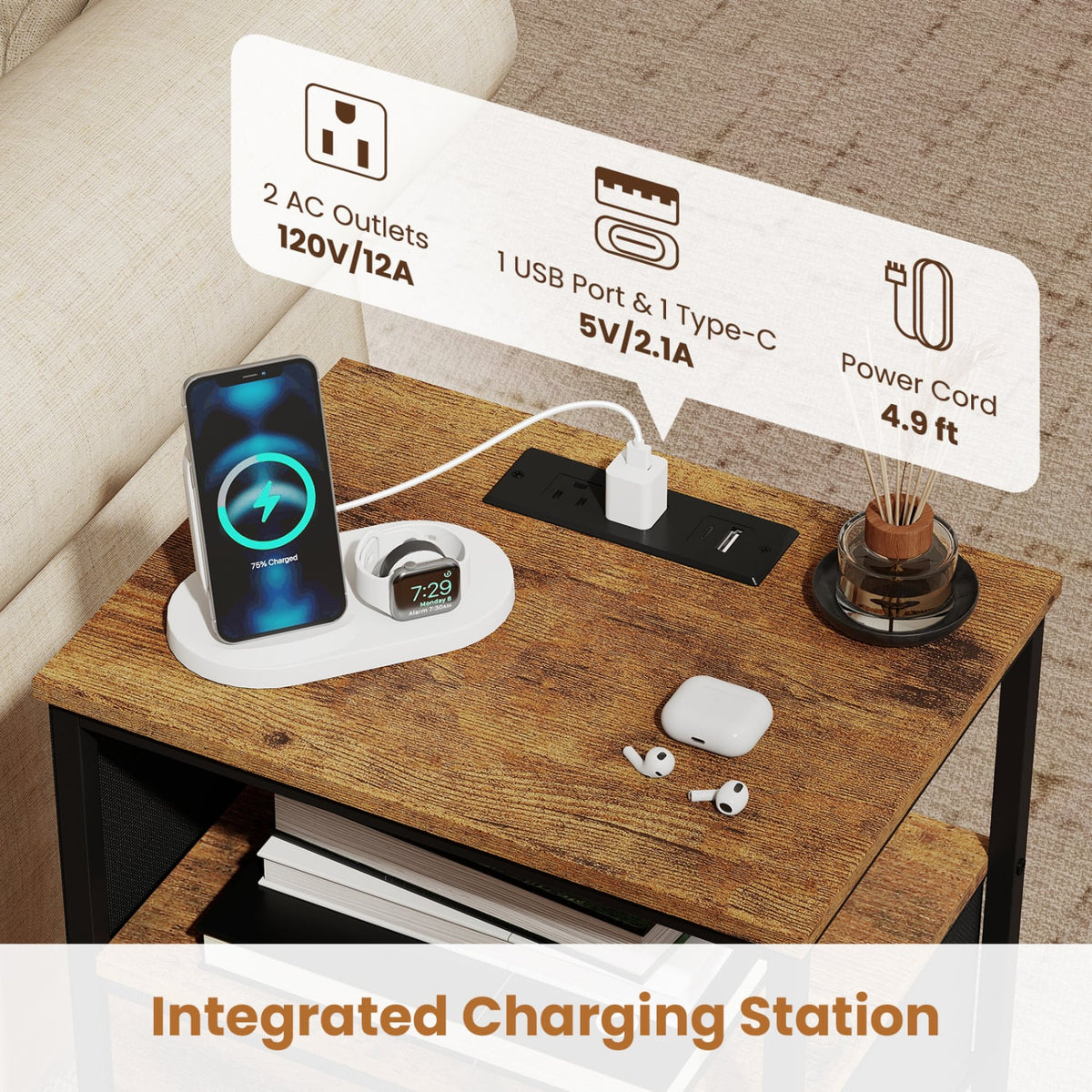 Nightstand with Charging Station 27.5 inch Modern Bedside Table with 3 Fabric Drawers-Rustic Brown view 7