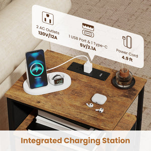 Nightstand with Charging Station 27.5 inch Modern Bedside Table with 3 Fabric Drawers-Rustic Brown view 7