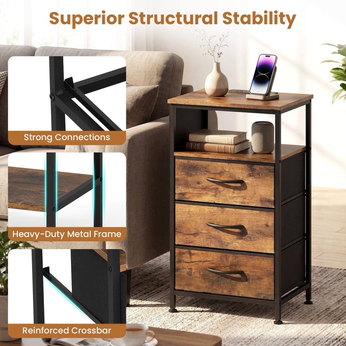 Nightstand with Charging Station 27.5 inch Modern Bedside Table with 3 Fabric Drawers-Rustic Brown view 8