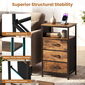 Nightstand with Charging Station 27.5 inch Modern Bedside Table with 3 Fabric Drawers-Rustic Brown view 8