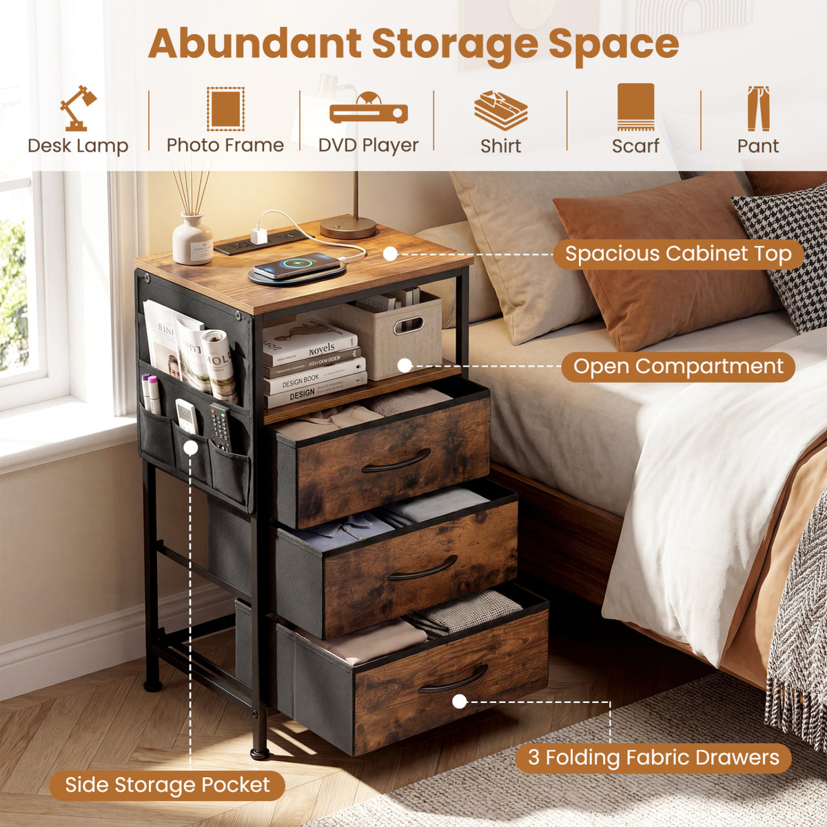 Nightstand with Charging Station 27.5 inch Modern Bedside Table with 3 Fabric Drawers-Rustic Brown view 9
