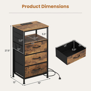 Nightstand with Charging Station 27.5 inch Modern Bedside Table with 3 Fabric Drawers-Rustic Brown view 5